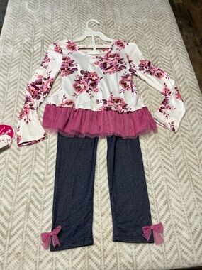 Girls Floral Pink Tulle Hem Top & Navy Leggings Set 6